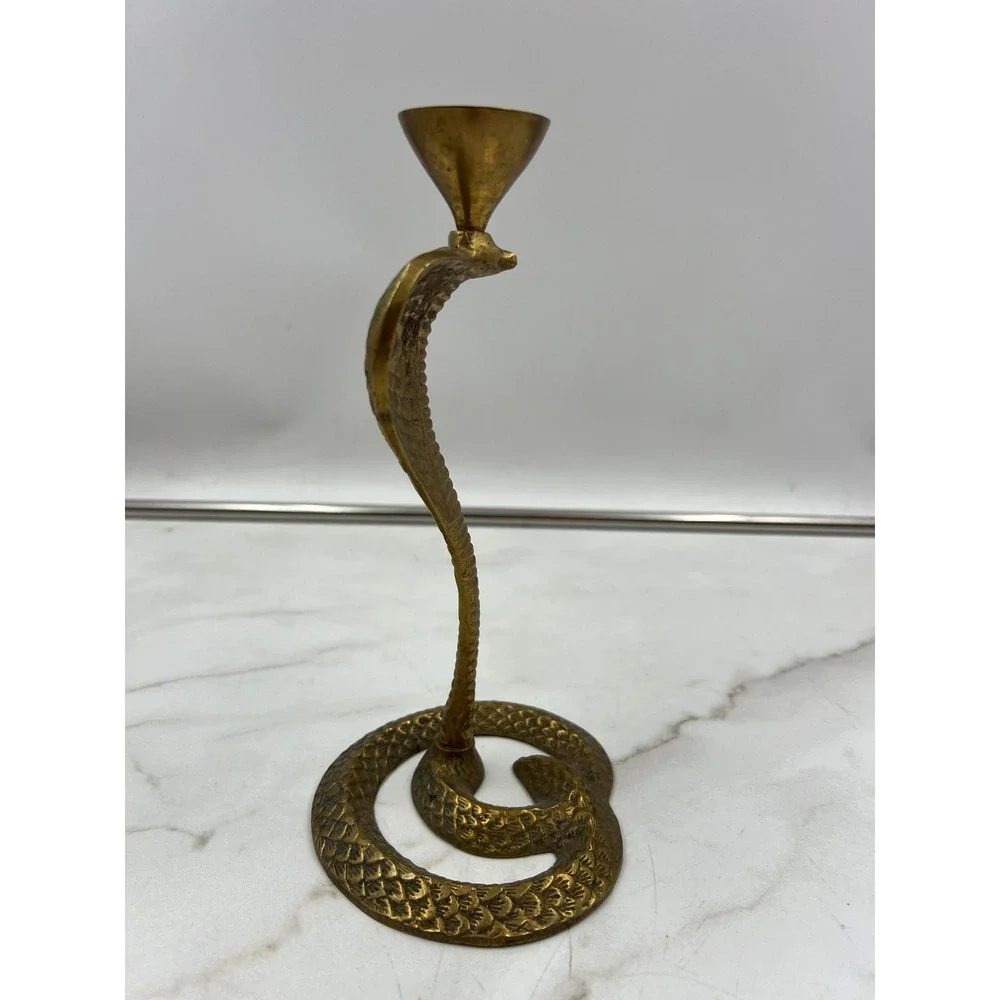 Vintage Solid Brass Cobra Snake Candlestick Holder Etched Coiled Base 8.5 Inch